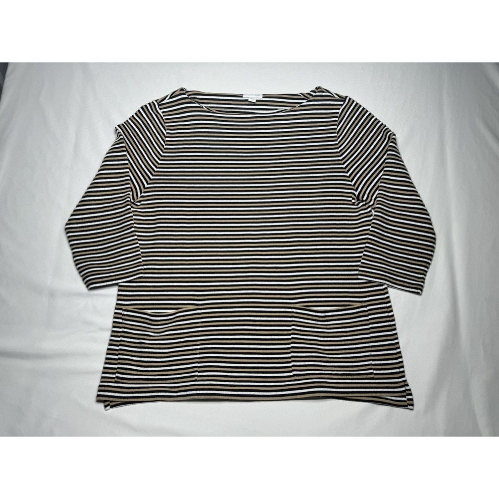 J Jill Women Black Tan Striped 3/4 Sleeve Pockets Ribbed Tunic Poly Top Lge